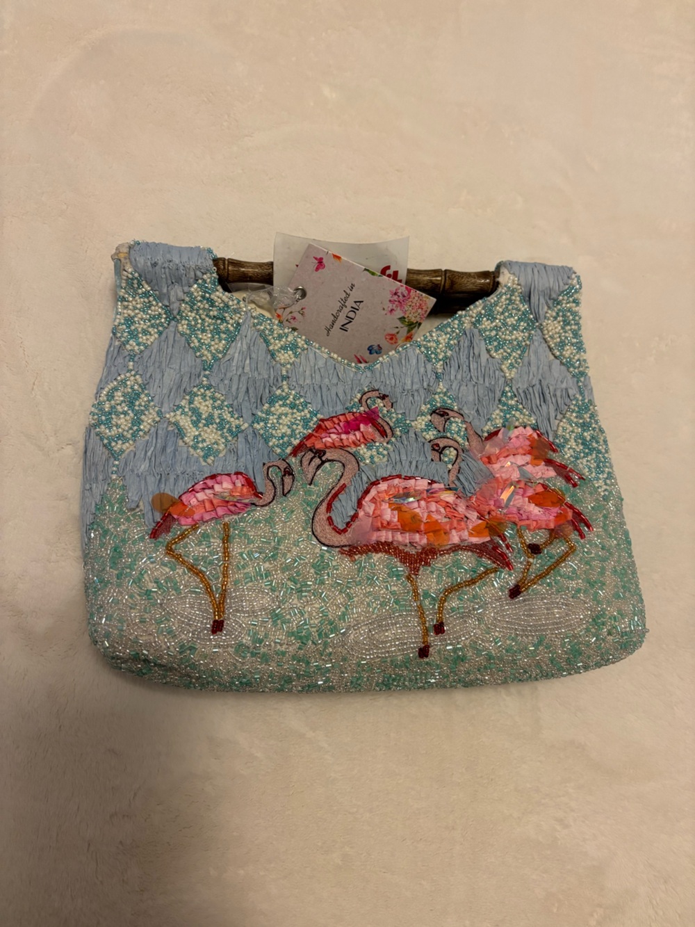 Embellished Flamingo Beaded Clutch in Light Blue and Pink